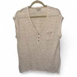 Wrap London Cream Striped Linen Short Sleeve Top Size Medium